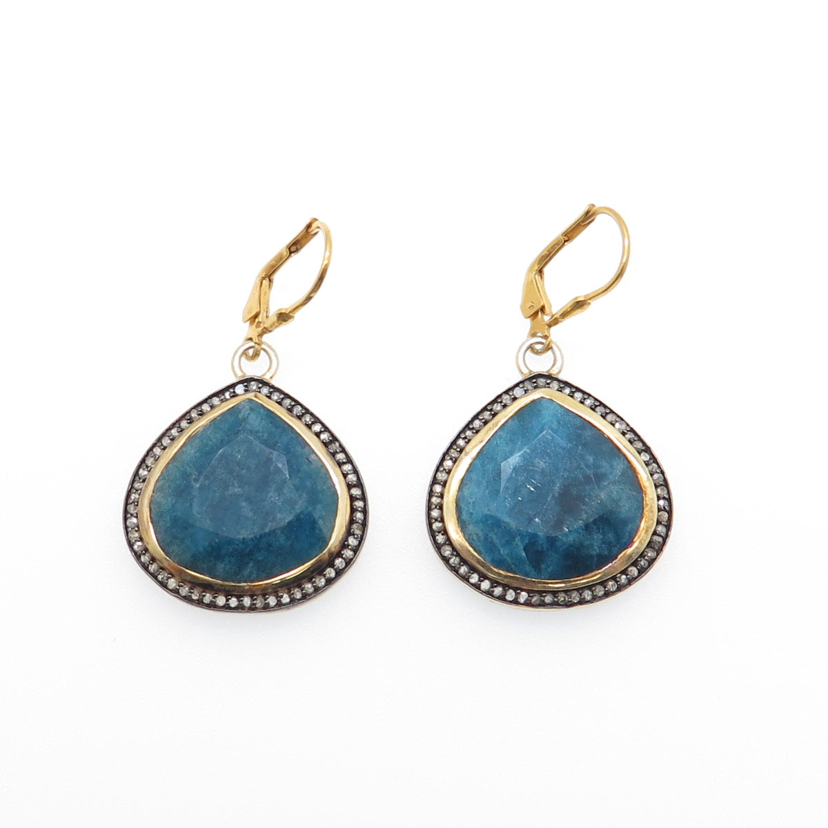 925 Sterling Silver Gold Plated Real Diamond & Apatite Teardrop Dangle Earrings