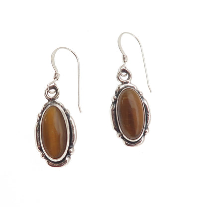 Five Star 925 Sterling Silver Vintage Real Tiger Eye Oxidized Dangle Earrings