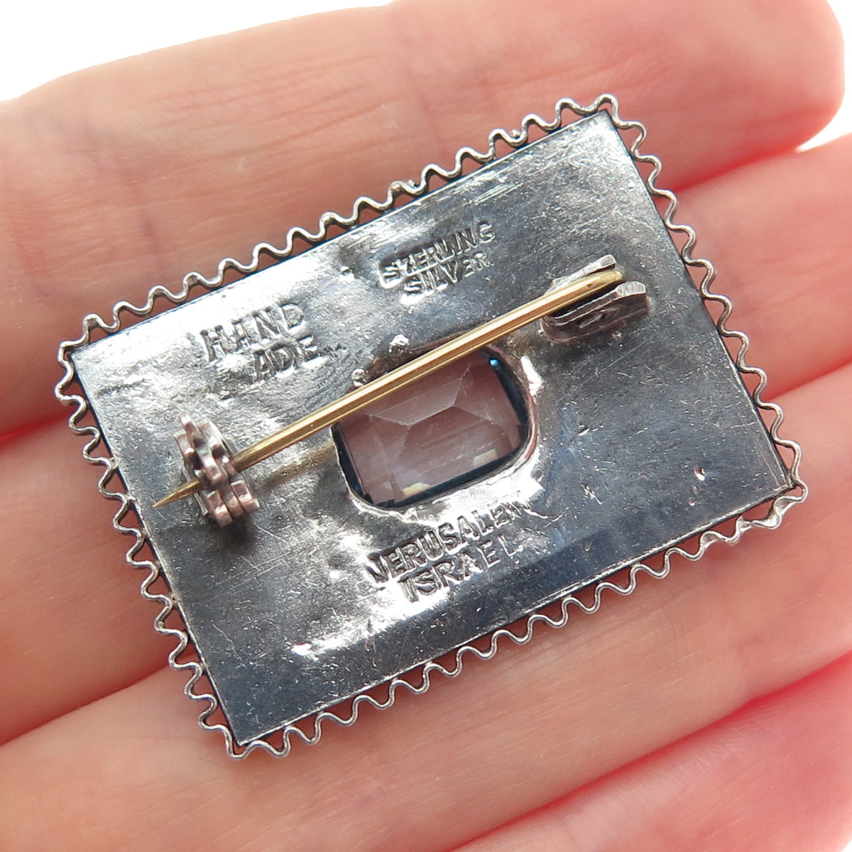 925 Sterling Silver Vintage Jerusalem Israel Real Blue Topaz Oxidized Pin Brooch