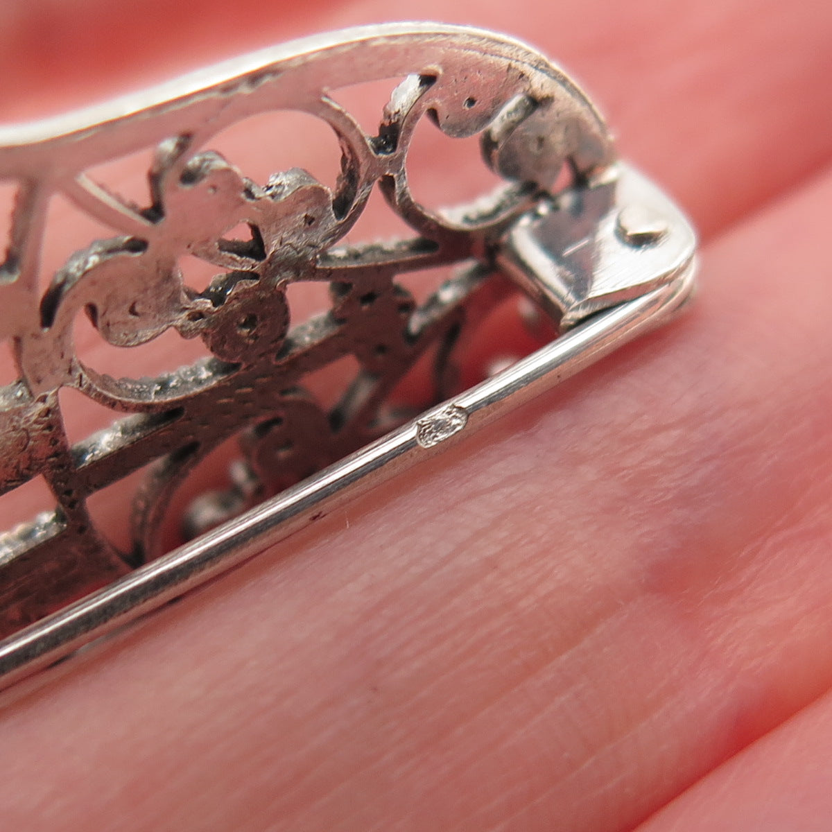 800 Silver Antique Art Deco France Hamsa Filigree Oxidized Pin Brooch