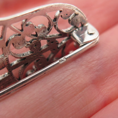 800 Silver Antique Art Deco France Hamsa Filigree Oxidized Pin Brooch