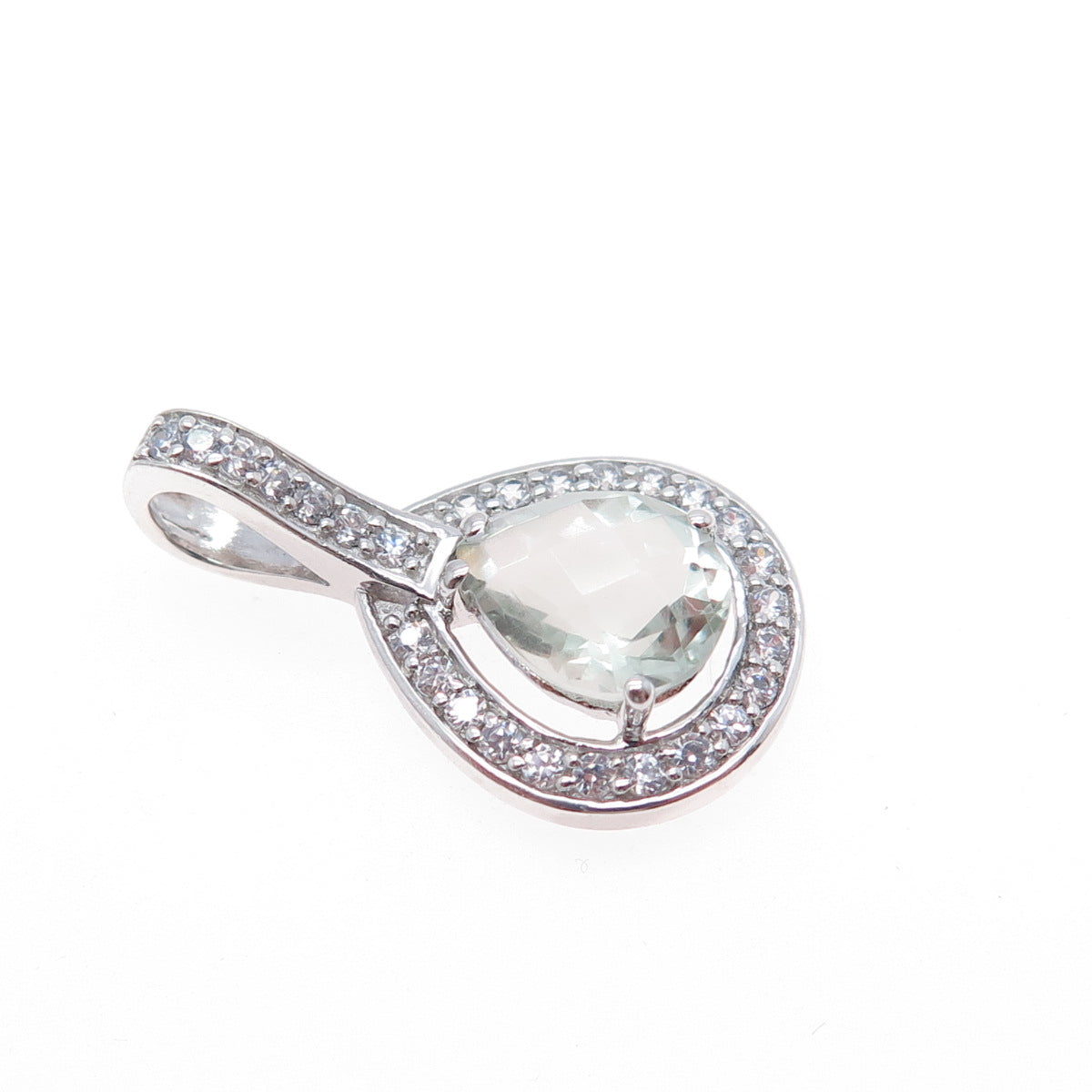 925 Sterling Silver Vintage Real Green Amethyst & C Z Teardrop Charm Pendant