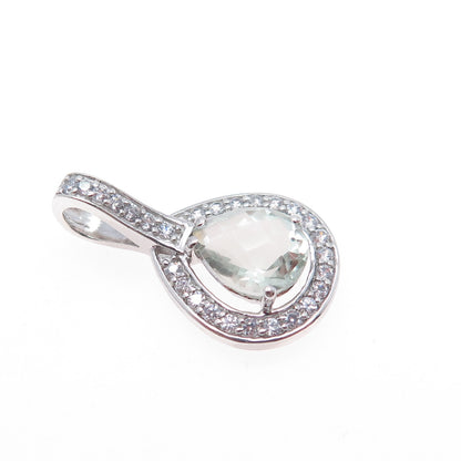 925 Sterling Silver Vintage Real Green Amethyst & C Z Teardrop Charm Pendant