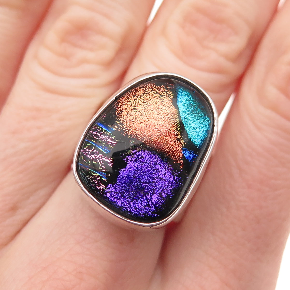925 Sterling Silver Vintage Mexico Dichroic Glass Modernist Ring Size 8.25