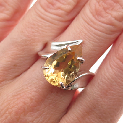 925 Sterling Silver Vintage Real Pear-Cut Citrine Modernist Ring Size 8.25