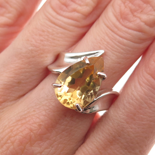925 Sterling Silver Vintage Real Pear-Cut Citrine Modernist Ring Size 8.25
