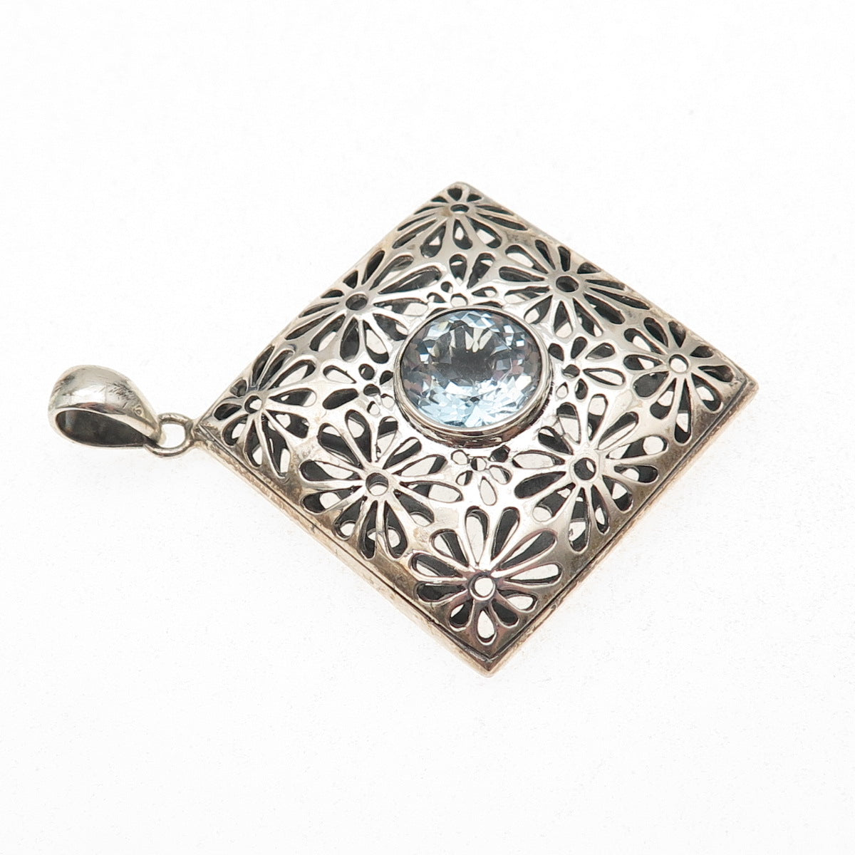 925 Sterling Silver Vintage Real Blue Topaz Floral Oxidized Charm Pendant