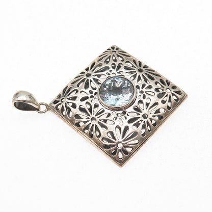 925 Sterling Silver Vintage Real Blue Topaz Floral Oxidized Charm Pendant