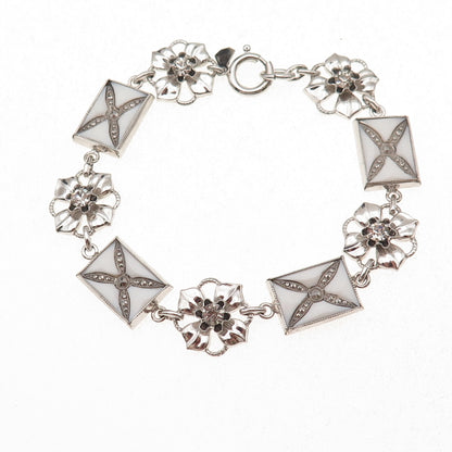 Amco Sterling Silver Antique Art Deco Enamel Marcasite & Rhinestone Bracelet 7"