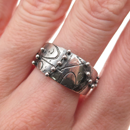 925 Sterling Silver Vintage Modernist Beaded Oxidized Ring Size 8.5
