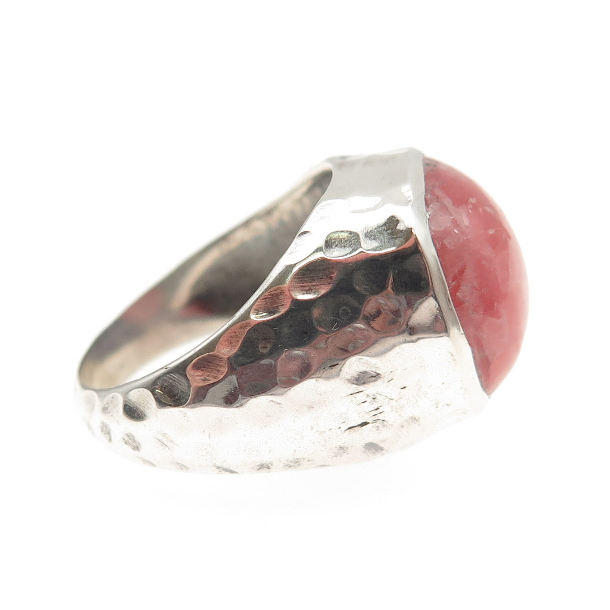 925 Sterling Silver Vintage Real Rhodochrosite Modernist Hammered Ring Size 8.25