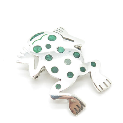 925 Sterling Silver Vintage Mexico Malachite Gem Frog for Good Luck Pin Brooch