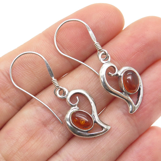 VALERIO V8 925 Sterling Silver Vintage Poland Baltic Amber Heart Dangle Earrings