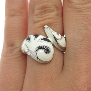 EMA 925 Sterling Silver Enamel & Black Spinel Modernist Ring Size 7