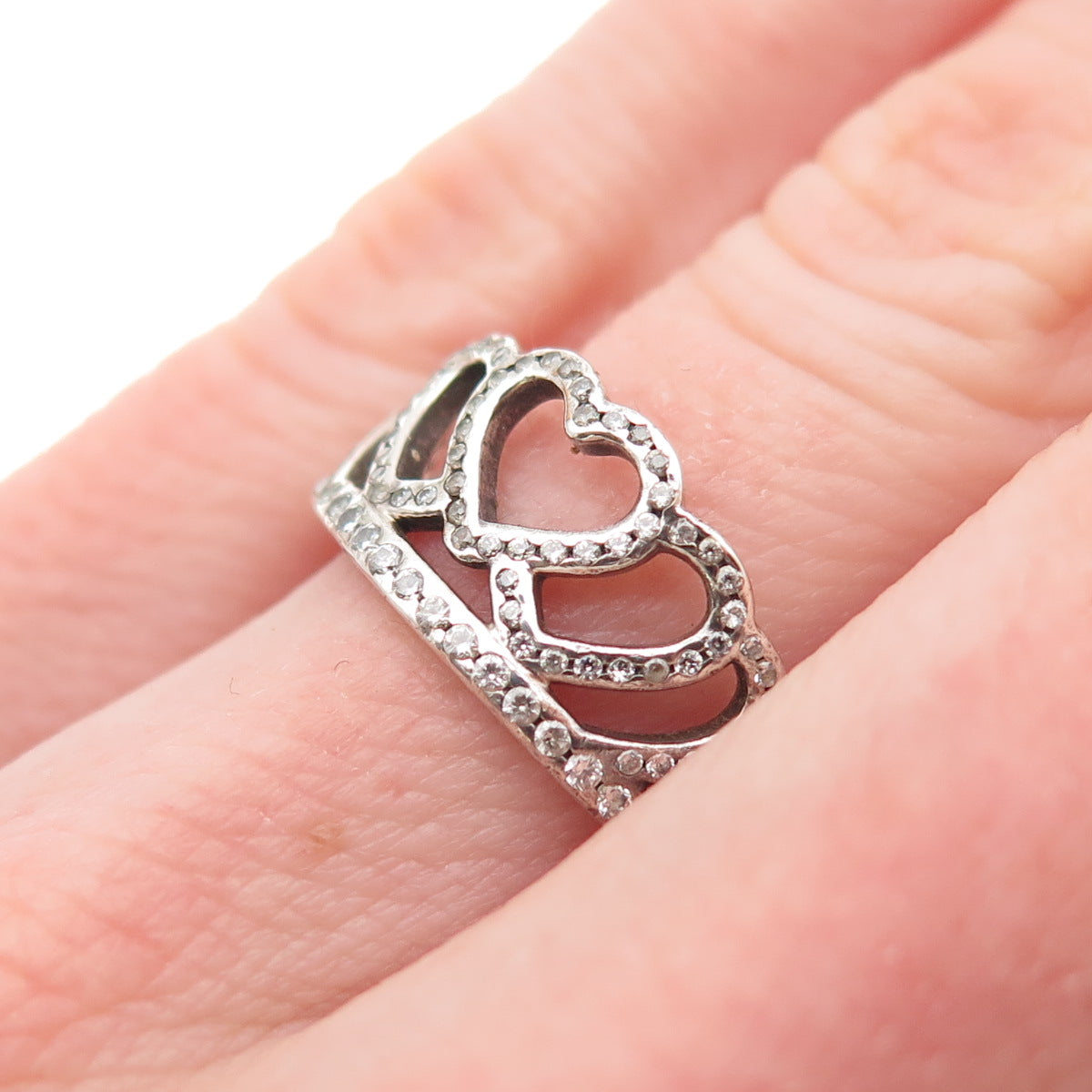 PANDORA 925 Sterling Silver Round-Cut C Z Hearts Tiara Ring Size 6