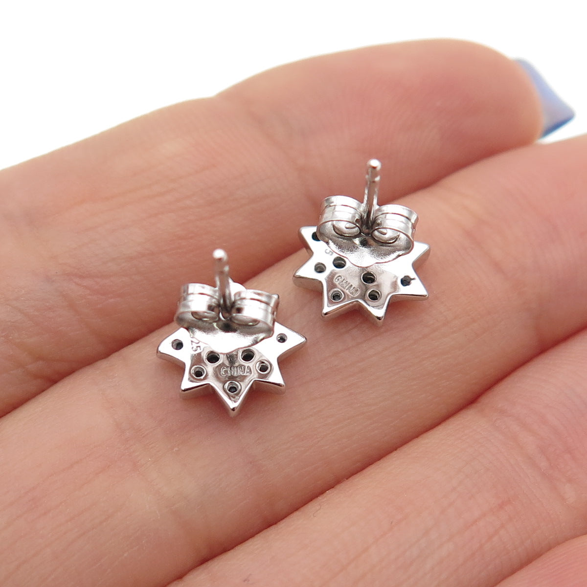 925 Sterling Silver Round-Cut Black C Z North Star Stud Earrings