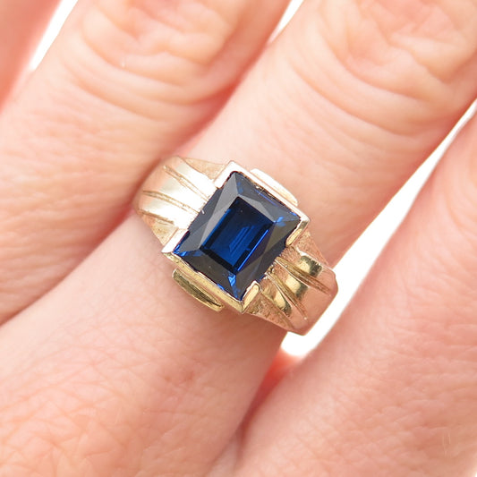 925 Sterling Gold Plated Antique Art Deco Real London Blue Topaz Ring Size 6.25