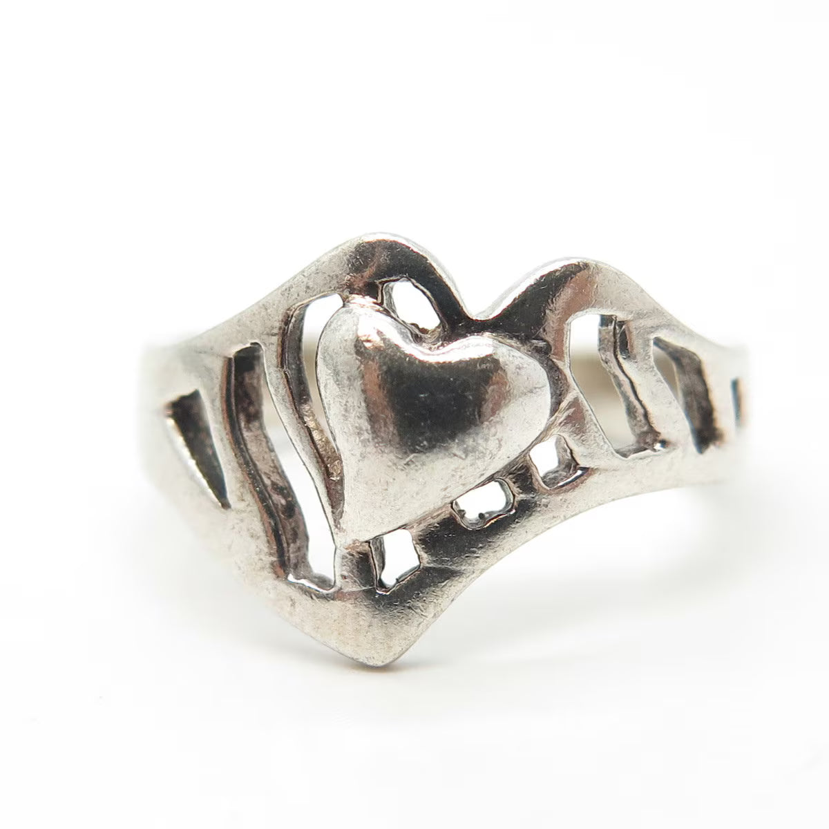 925 Sterling Silver Vintage Modernist Heart Ring Size 8.5