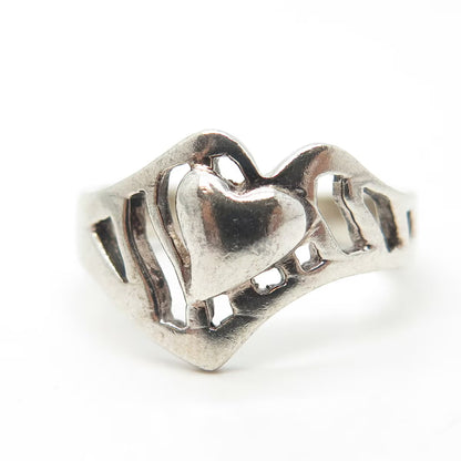925 Sterling Silver Vintage Modernist Heart Ring Size 8.5