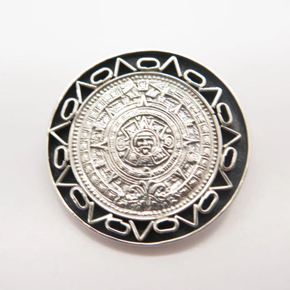 925 Sterling Silver Vintage Mexico Aztec Calendar Pin Brooch / Pendant