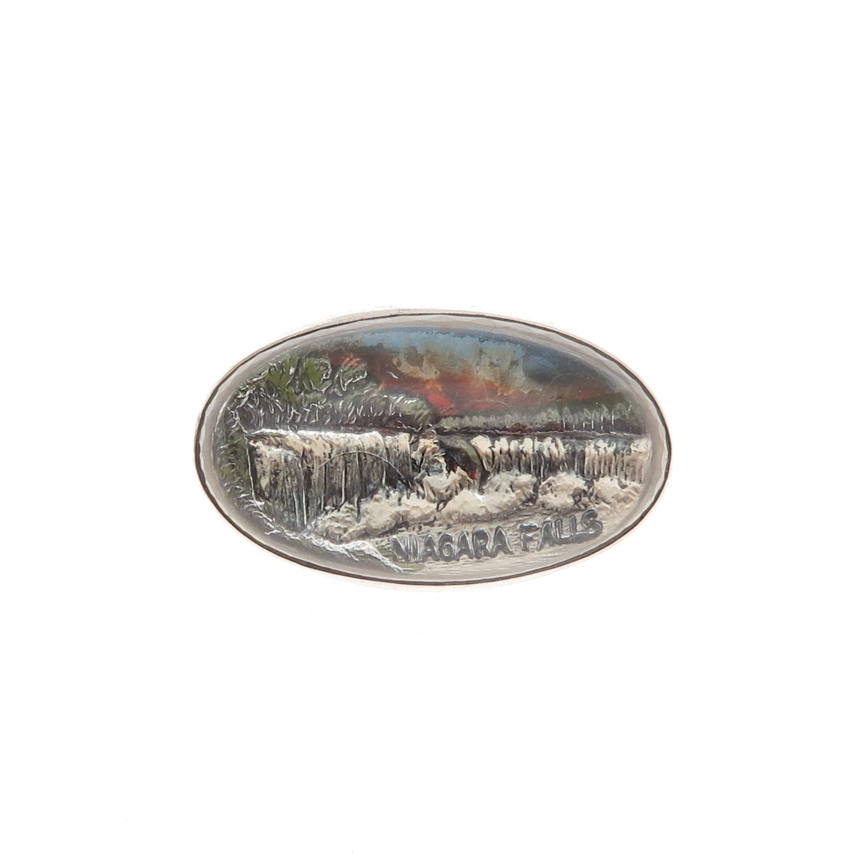 925 Sterling Silver Antique Art Deco Niagara Falls Hand-Painted Pin Brooch