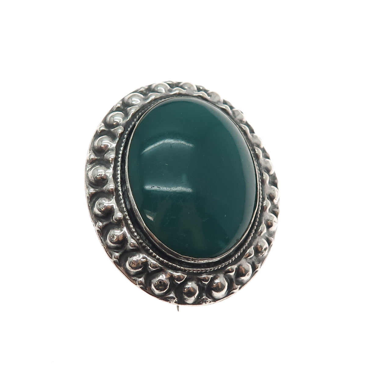 800 Silver Antique Art Deco European Real Green Onyx Beaded Oxidized Pin Brooch