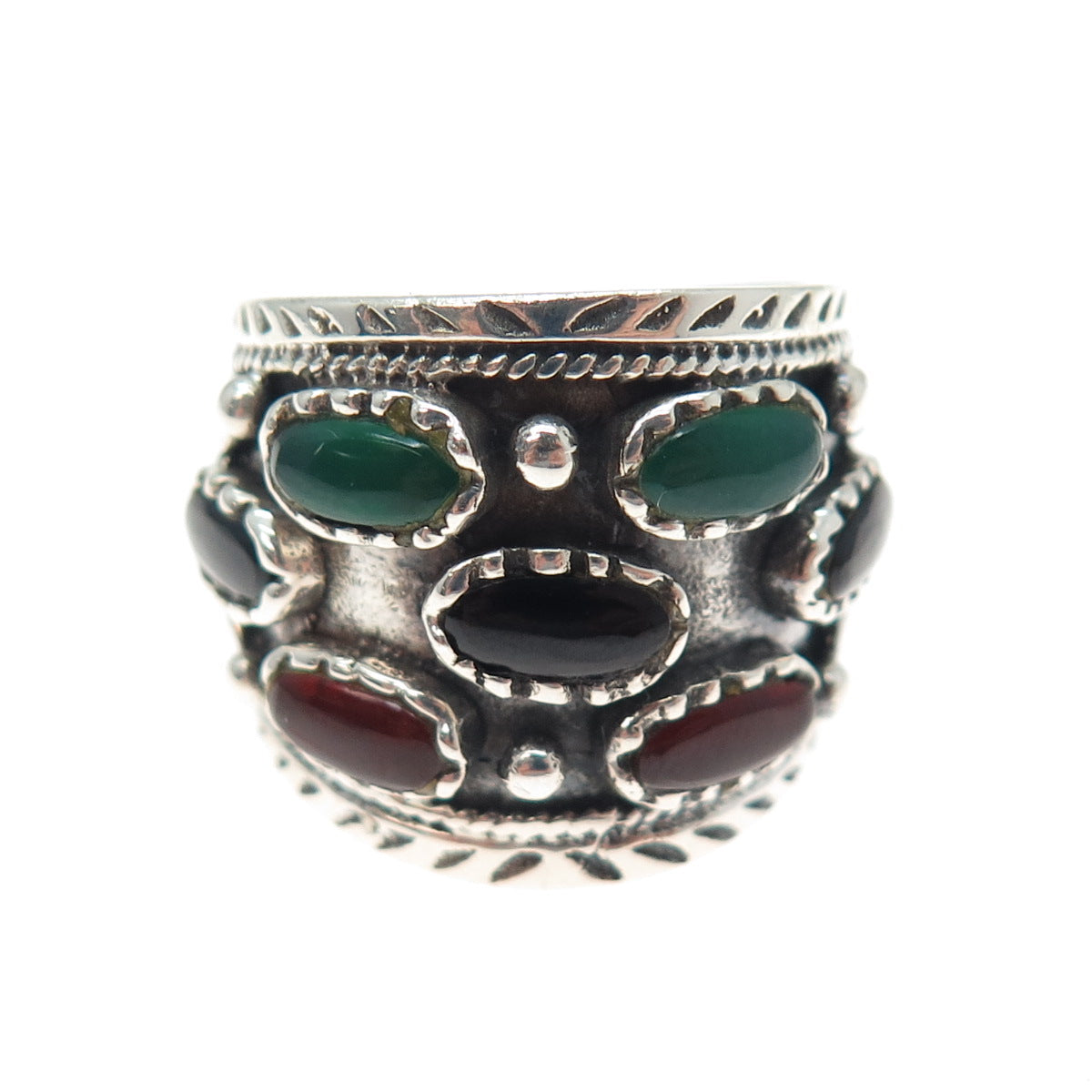 925 Sterling Silver Vintage Real Black & Green Onyx Carnelian Ring Size 9.25