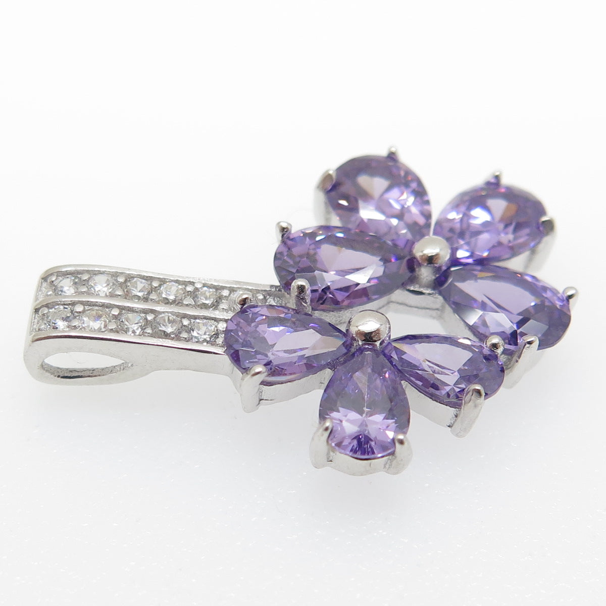 925 Sterling Silver Purple & White C Z Floral Pendant