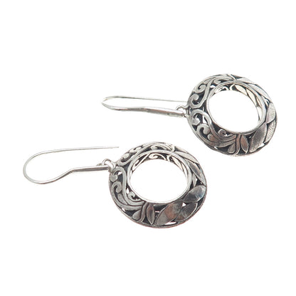 925 Sterling Silver Vintage Floral Ornate Circle Dangle Earrings