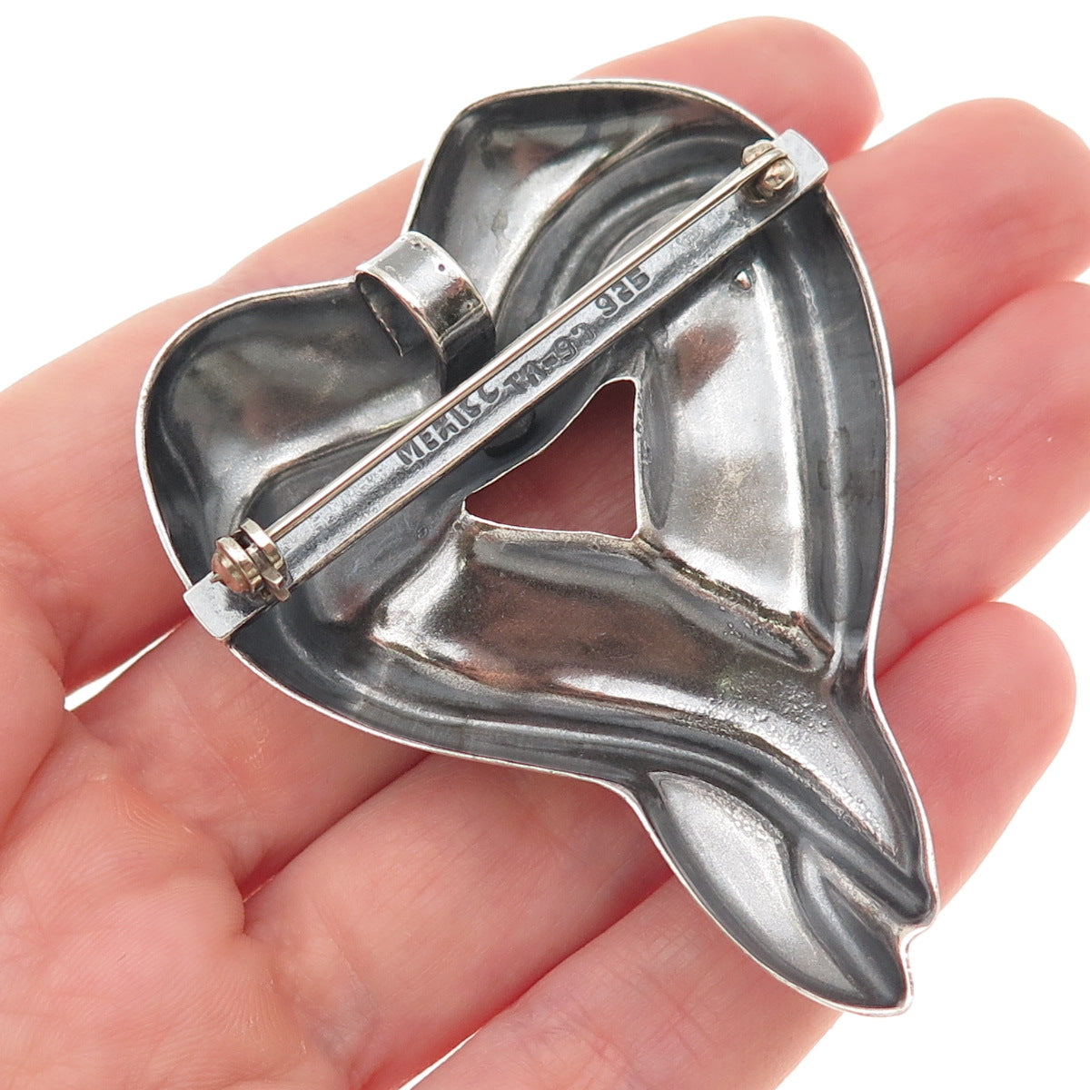 925 Sterling Silver Vintage Mexico Modernist Heart Oxidized Pin Brooch / Pendant