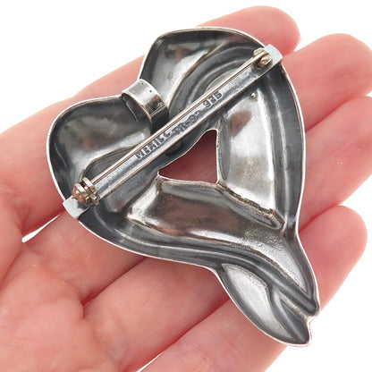 925 Sterling Silver Vintage Mexico Modernist Heart Oxidized Pin Brooch / Pendant
