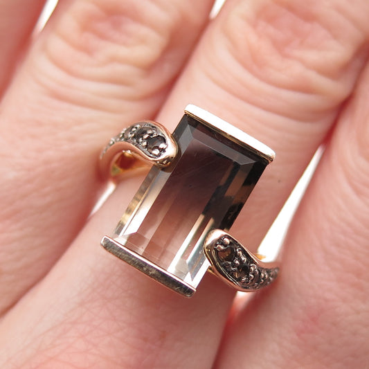 925 Sterling Silver Gold Plated Real Smoky Quartz Bypass Ring Size 6.25