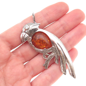 925 Sterling Silver Vintage Real Amber Parrot Bird Oxidized Pin Brooch / Pendant