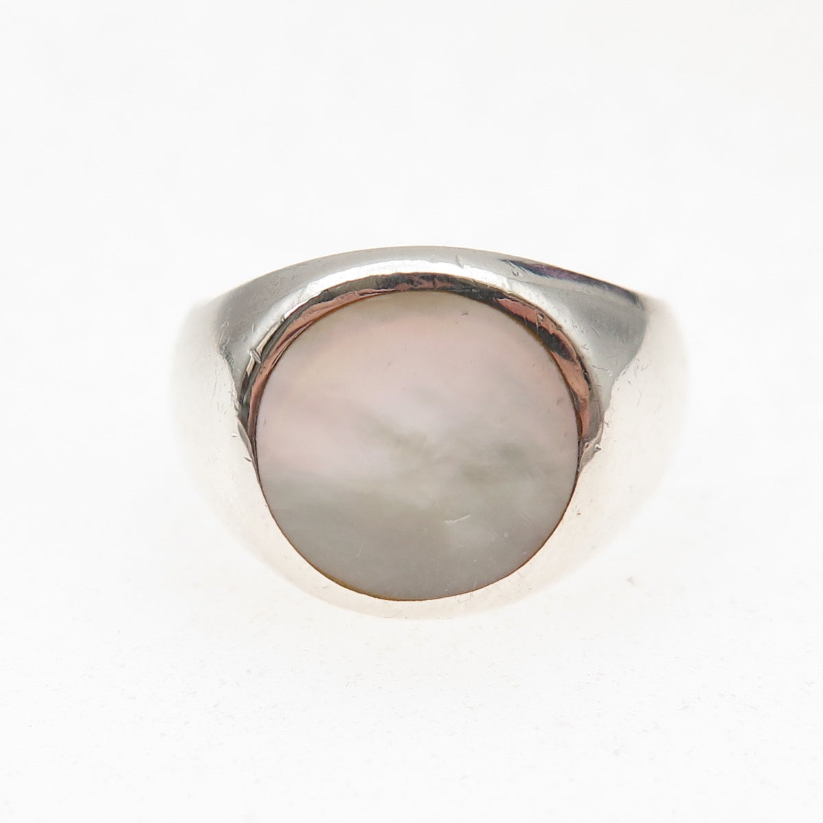 925 Sterling Silver Vintage Italy Real MOP Signet Oxidized Ring Size 7.5