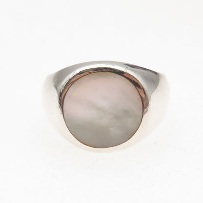 925 Sterling Silver Vintage Italy Real MOP Signet Oxidized Ring Size 7.5