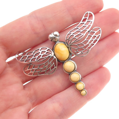 925 Sterling Silver Vintage Real Butterscotch Amber Dragonfly Pin Brooch