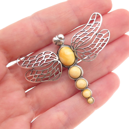 925 Sterling Silver Vintage Real Butterscotch Amber Dragonfly Pin Brooch
