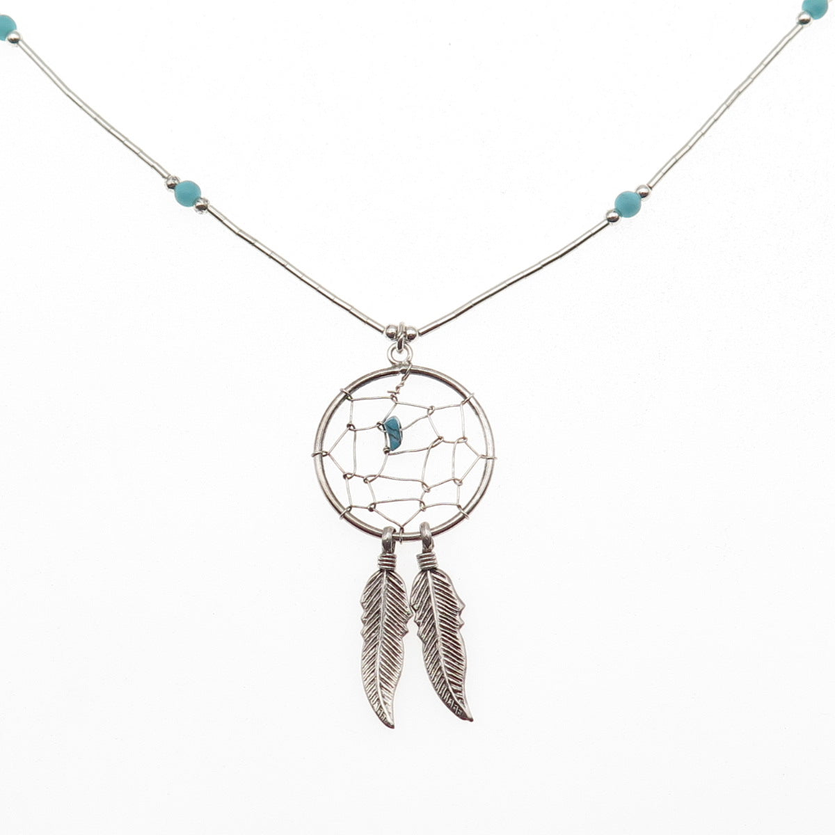 Old Pawn 925 Sterling Vintage Turquoise Dreamcatcher Liquid Chain Necklace 18"