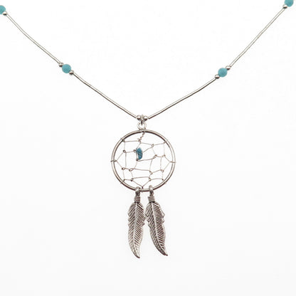 Old Pawn 925 Sterling Vintage Turquoise Dreamcatcher Liquid Chain Necklace 18"