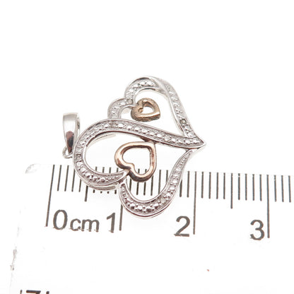 925 Sterling Silver 2-Tone Real Round-Cut Diamond Couple Heart Charm Pendant
