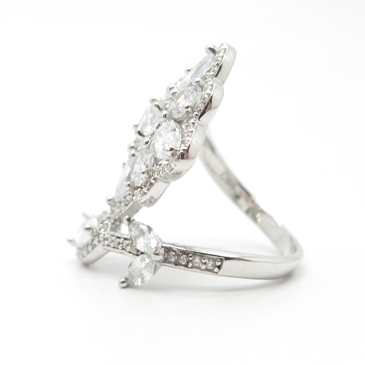 925 Sterling Silver Pave C Z Floral Overlap Ring Size 7.5