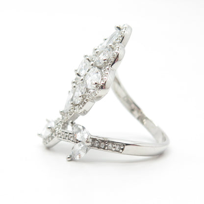 925 Sterling Silver Pave C Z Floral Overlap Ring Size 7.5