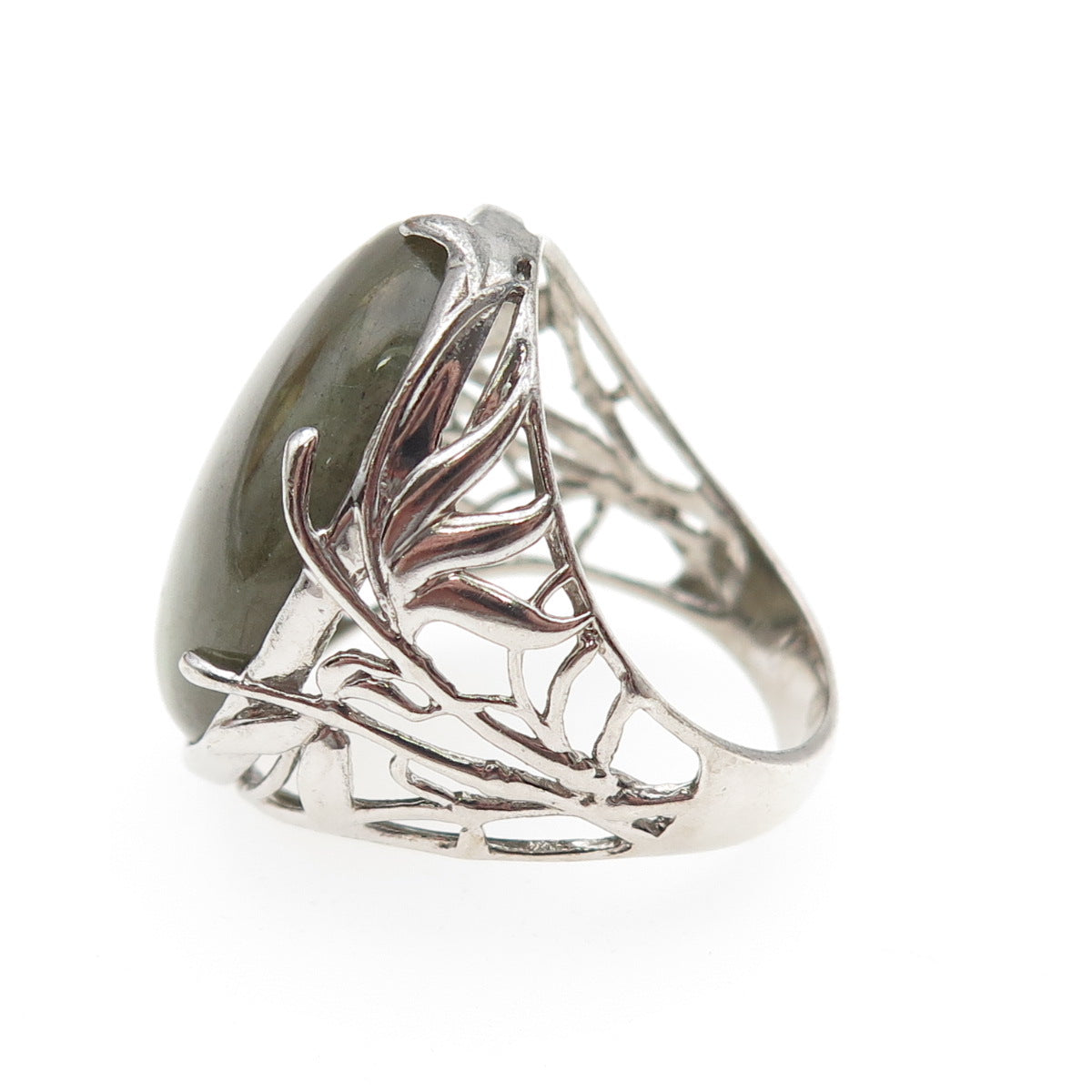 925 Sterling Silver Real Cabochon Labradorite Floral Ring Size 9.25