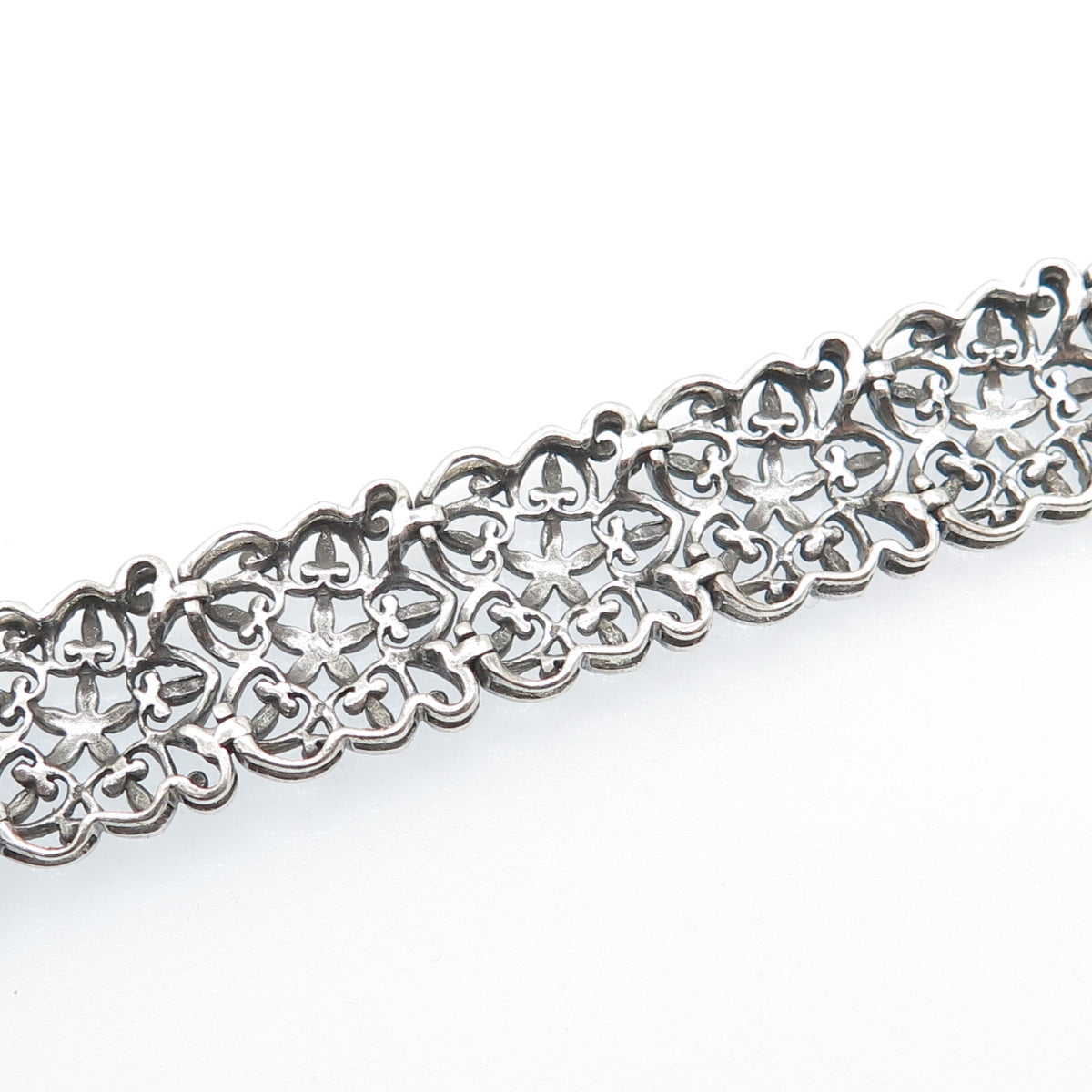 ROSS SIMONS Sterling Silver Vintage Flower & Heart Oxidized Link Bracelet 7.25"