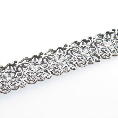 ROSS SIMONS Sterling Silver Vintage Flower & Heart Oxidized Link Bracelet 7.25"