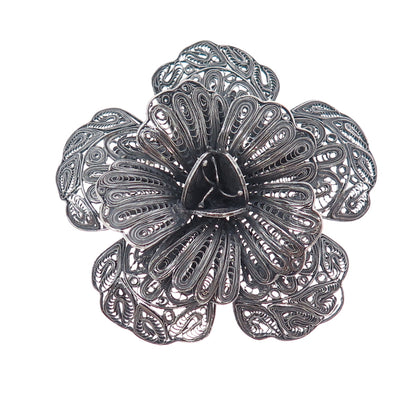 925 Sterling Silver Vintage Mexico Flower Filigree Oxidized Pin Brooch