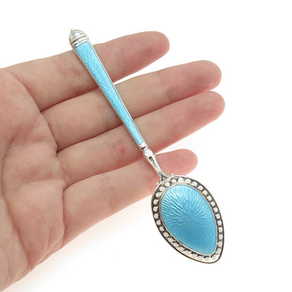 WATSON 925 Sterling Silver Vintage Blue & White Guilloche Enamel Coffee Spoon