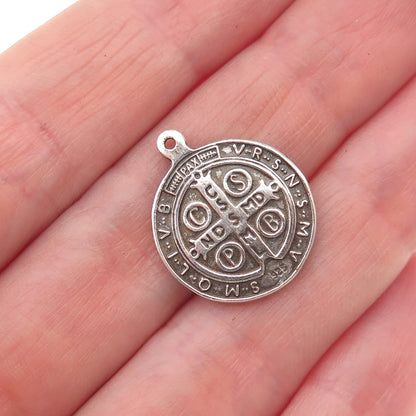 925 Sterling Silver Vintage Saint Benedict Oxidized Mini Charm Pendant