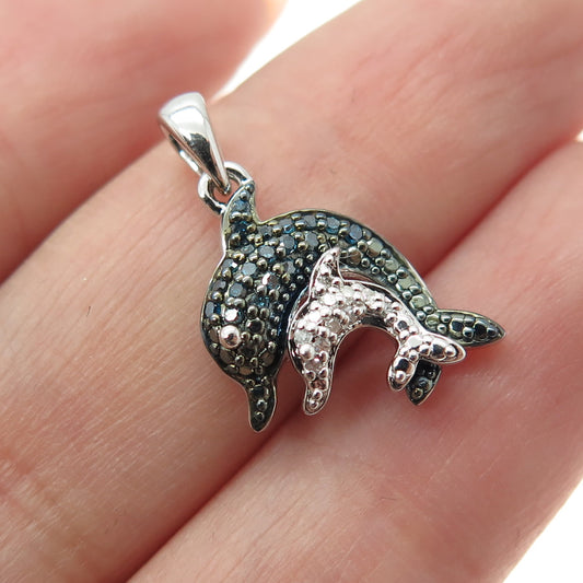 SUN 925 Sterling Silver Real Round-Cut Blue & White Diamond Dolphin Mini Pendant