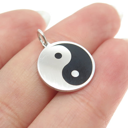 925 Sterling Silver Black Enamel Yin Yang Round Tag Minimalist Charm Pendant